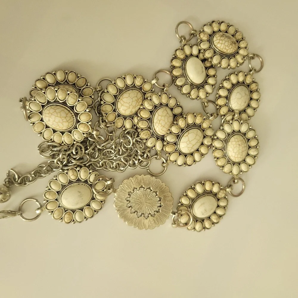 Silver White Faux Turquoise Concho Chain Belt Adjustable Size Western